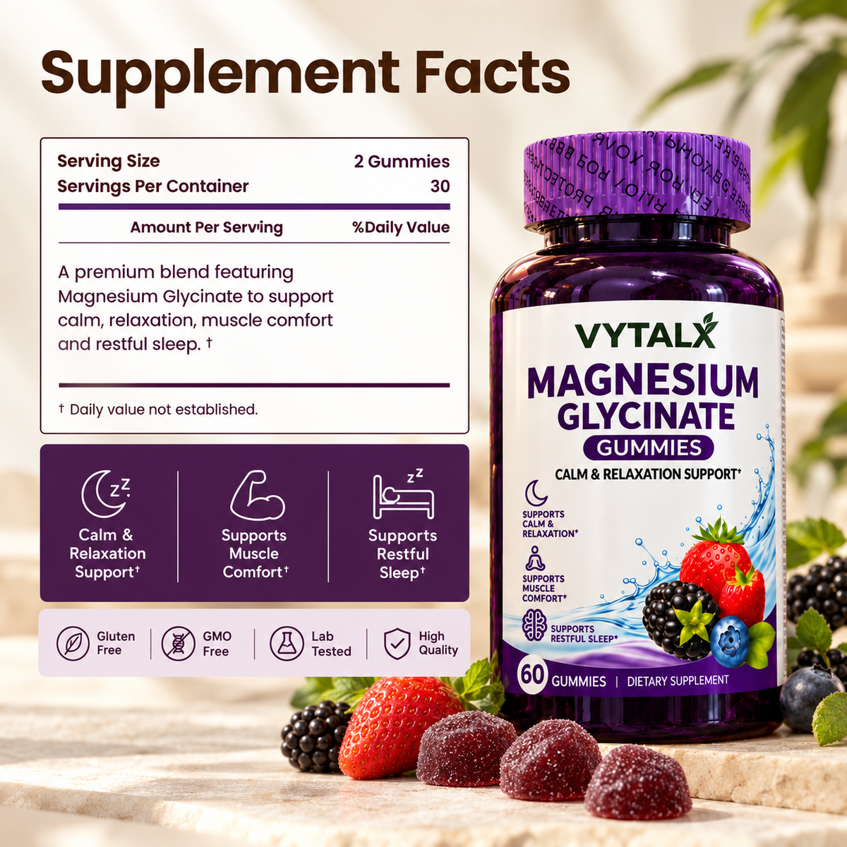 VYTALX Magnesium Glycinate Gummies – 60 Count | Calm & Sleep Support