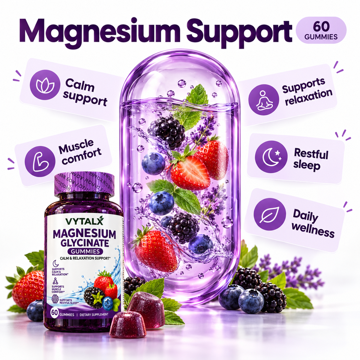 VYTALX Magnesium Glycinate Gummies – 60 Count | Calm & Sleep Support