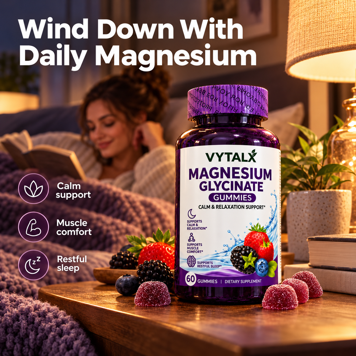 VYTALX Magnesium Glycinate Gummies – 60 Count | Calm & Sleep Support