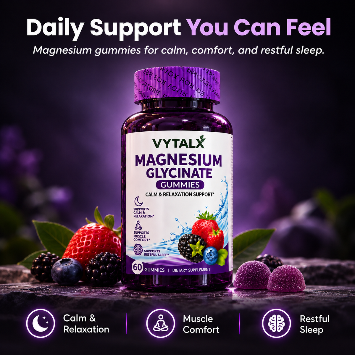 VYTALX Magnesium Glycinate Gummies – 60 Count | Calm & Sleep Support